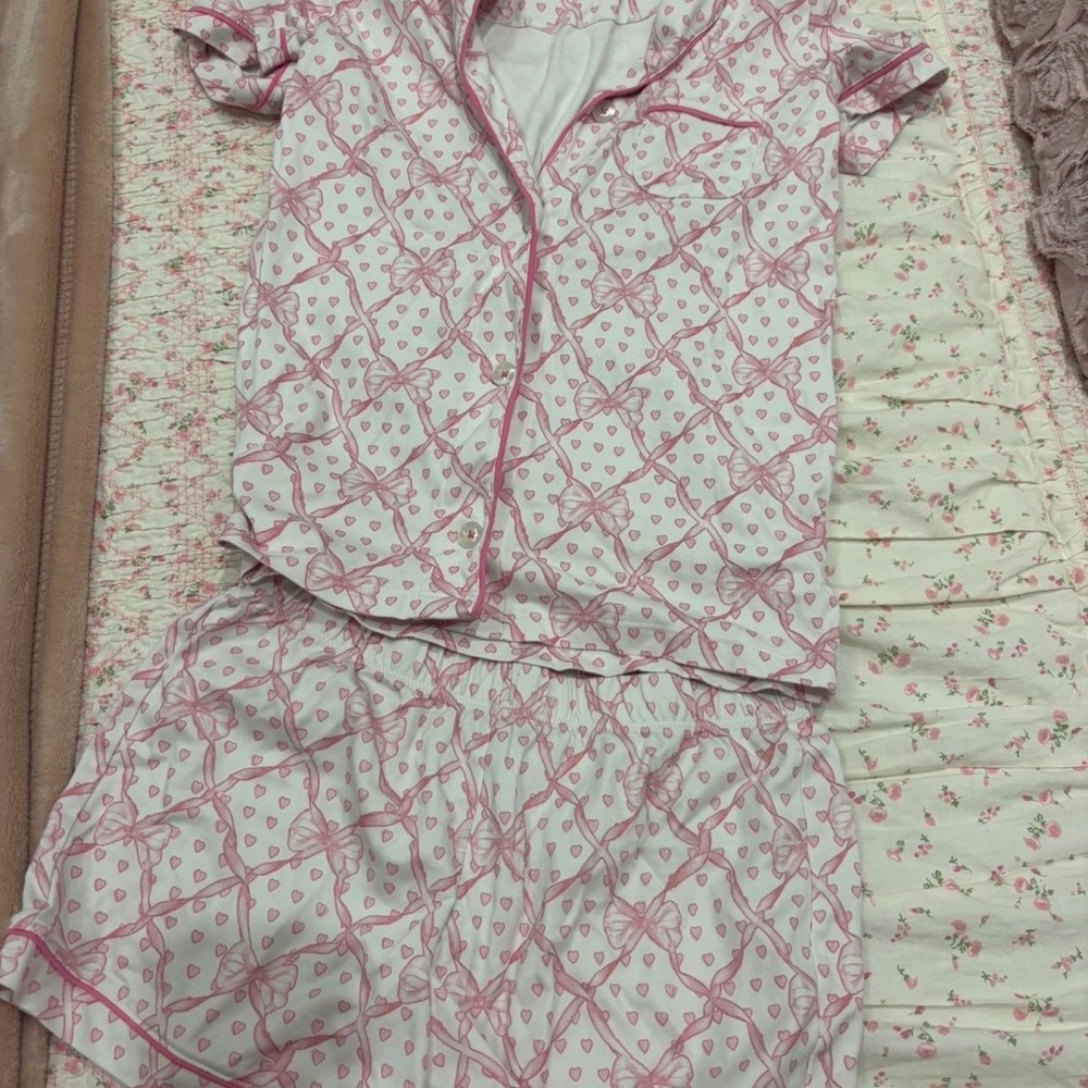 Roller Rabbit x LoveShackFancy Pink Heart and Bow Pajama Set